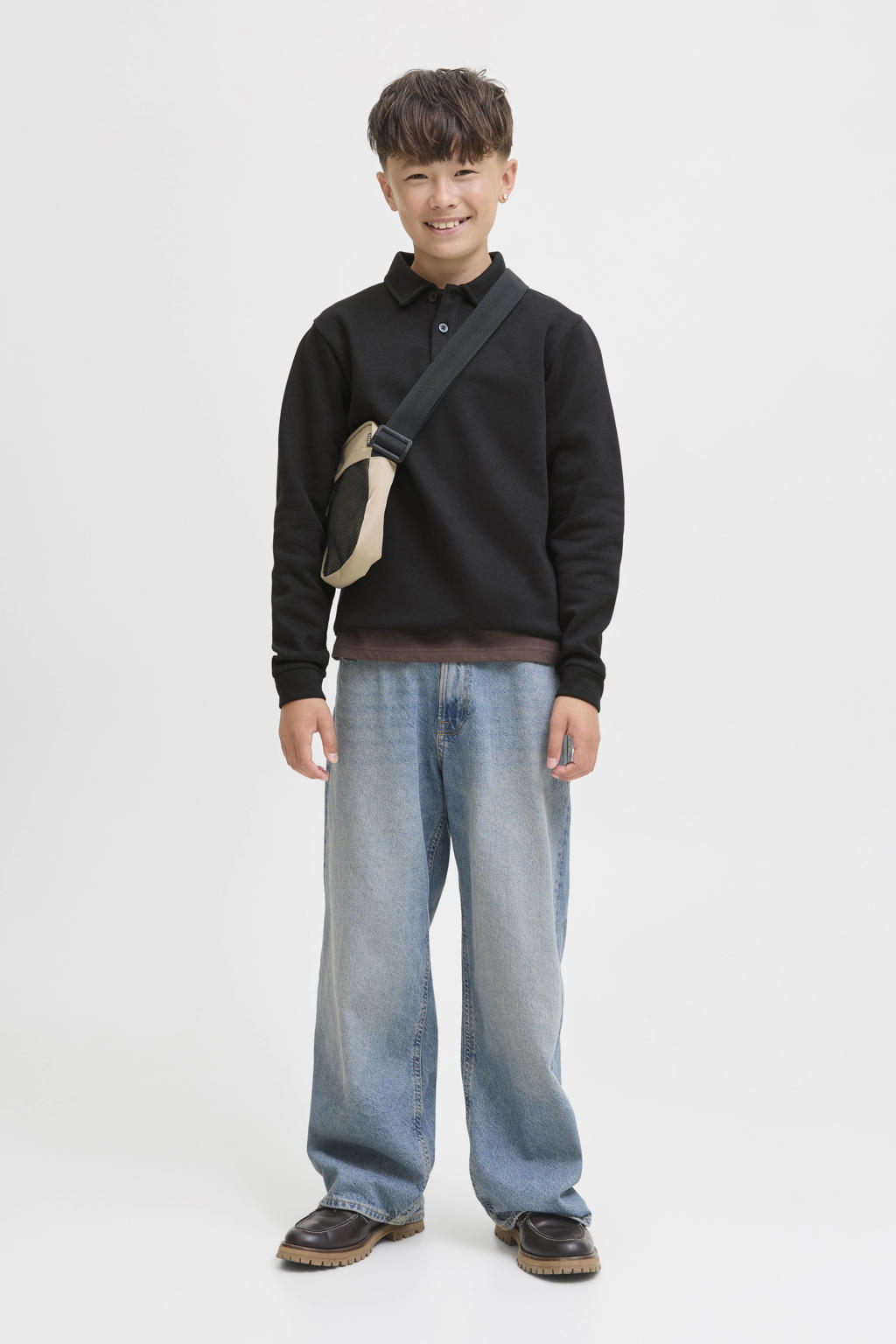 Zwarte jongens JACK & JONES JUNIOR sweater met effen, lange mouwen, polo kraag, knoopsluiting en geribde boorden
