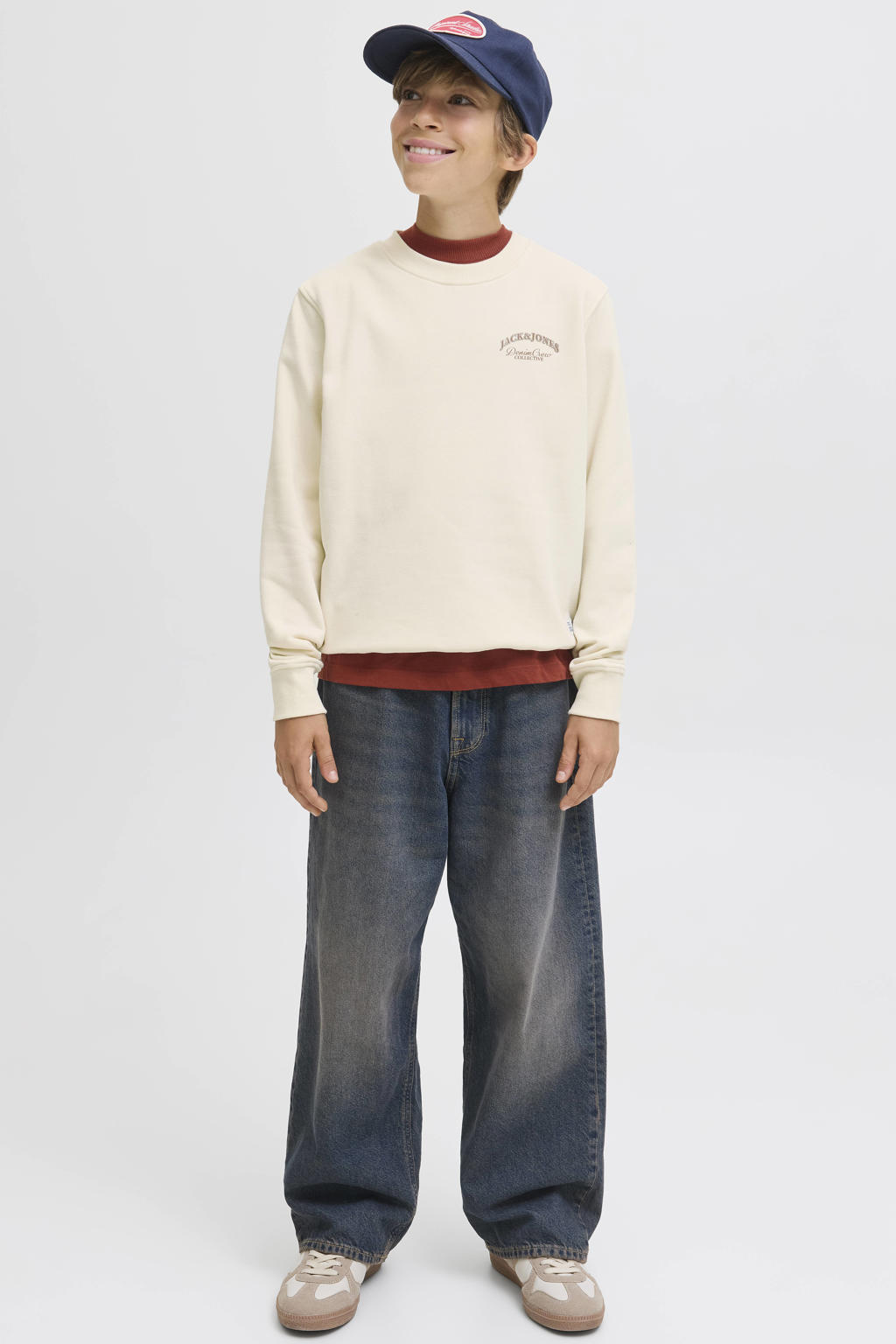 Ecru jongens JACK & JONES JUNIOR sweater met backprint, lange mouwen, ronde hals en geribde boorden