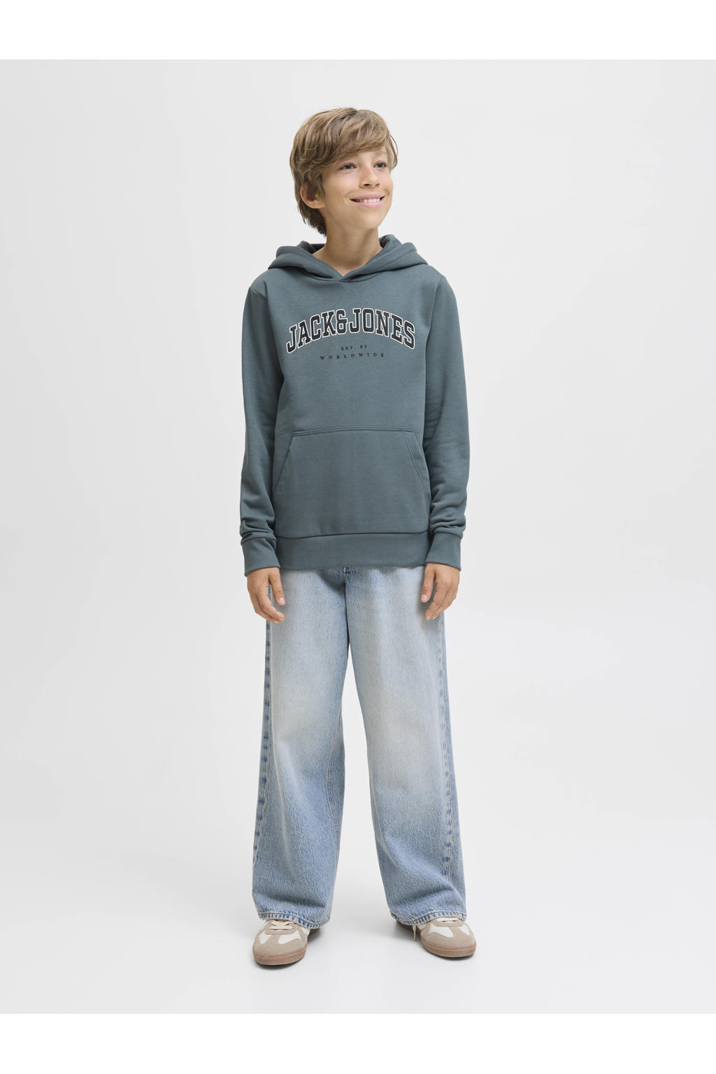 Grijsblauwe jongens JACK & JONES JUNIOR hoodie blauw van katoen met logo dessin, lange mouwen en capuchon
