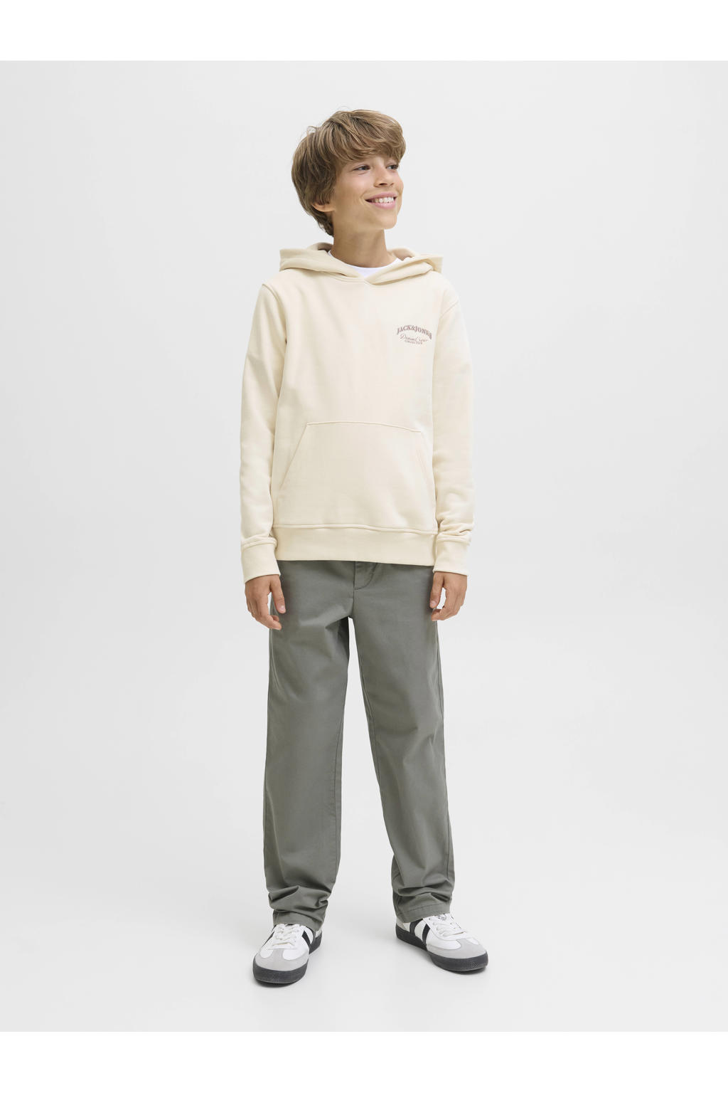 Ecru en bruine jongens JACK & JONES JUNIOR hoodie van sweat materiaal met backprint, lange mouwen en capuchon