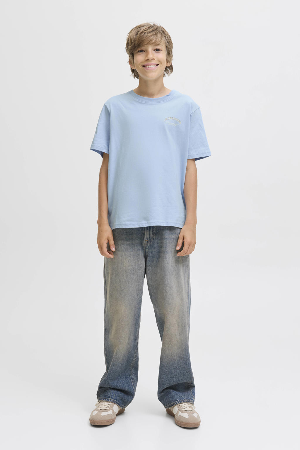 Lichtblauwe jongens JACK & JONES JUNIOR T-shirt van katoen met backprint, korte mouwen en ronde hals