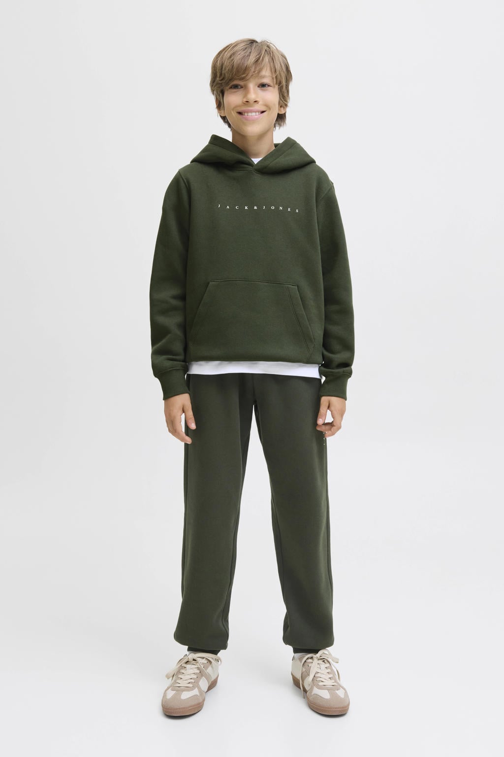 Groene jongens JACK & JONES JUNIOR hoodie van sweat materiaal met tekst print, lange mouwen en capuchon