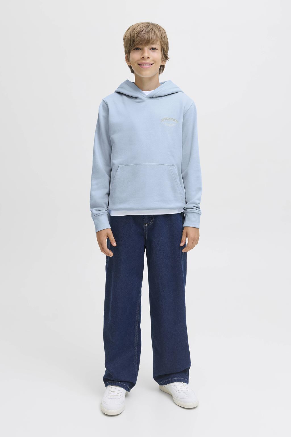 Lichtblauwe jongens JACK & JONES JUNIOR hoodie van sweat materiaal met backprint, lange mouwen en capuchon