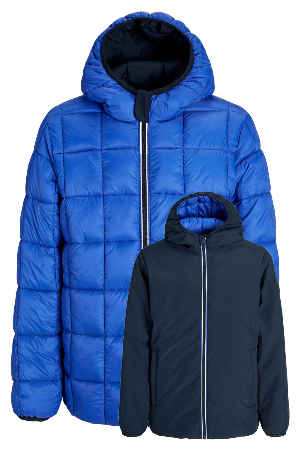 Donkerblauw en blauwe jongens JACK & JONES JUNIOR tussenjas van polyester met effen, lange mouwen, capuchon, ritssluiting en gebreide details