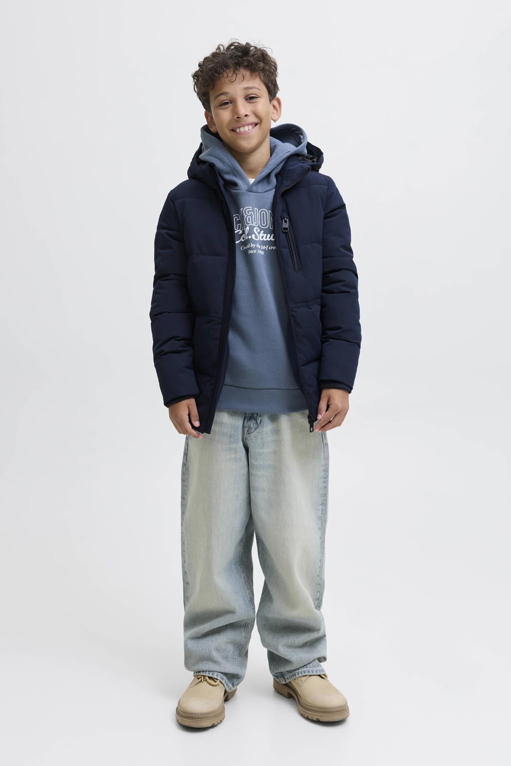 Donkerblauwe jongens JACK & JONES JUNIOR gewatteerde jas van polyester met effen, lange mouwen, capuchon en ritssluiting