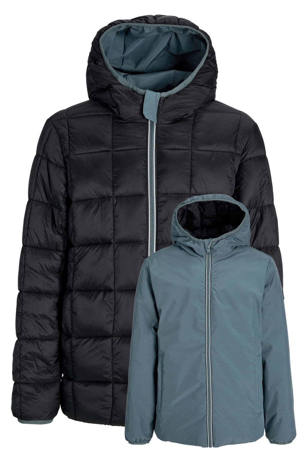 Grijsblauw, grijs en donkerblauwe jongens JACK & JONES JUNIOR tussenjas blauw van polyester met effen, lange mouwen, capuchon, ritssluiting en gebreide details