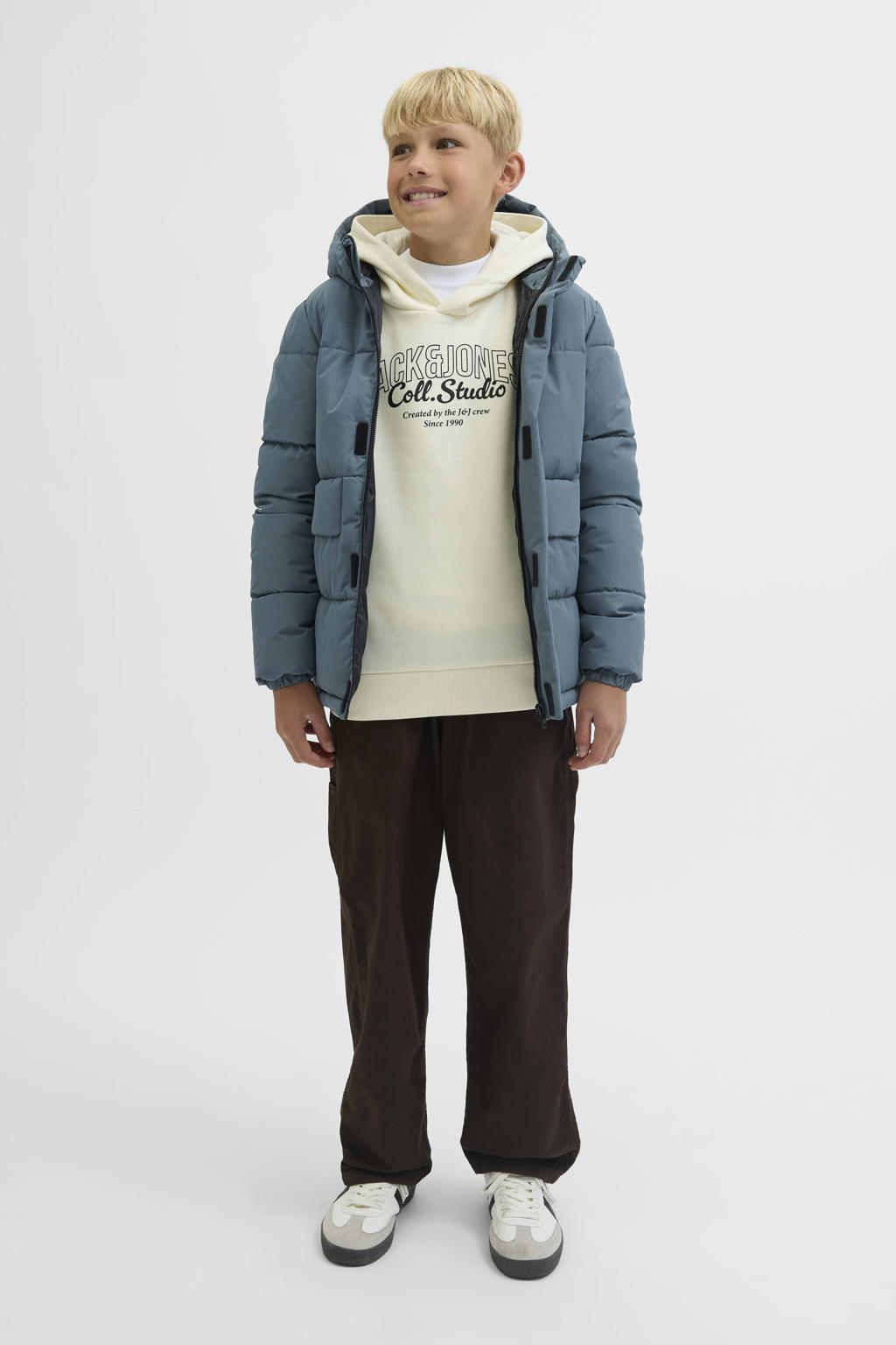 Grijsblauwe jongens JACK & JONES JUNIOR gewatteerde jas blauw van polyester met effen, lange mouwen, capuchon en rits- en klittenbandsluiting