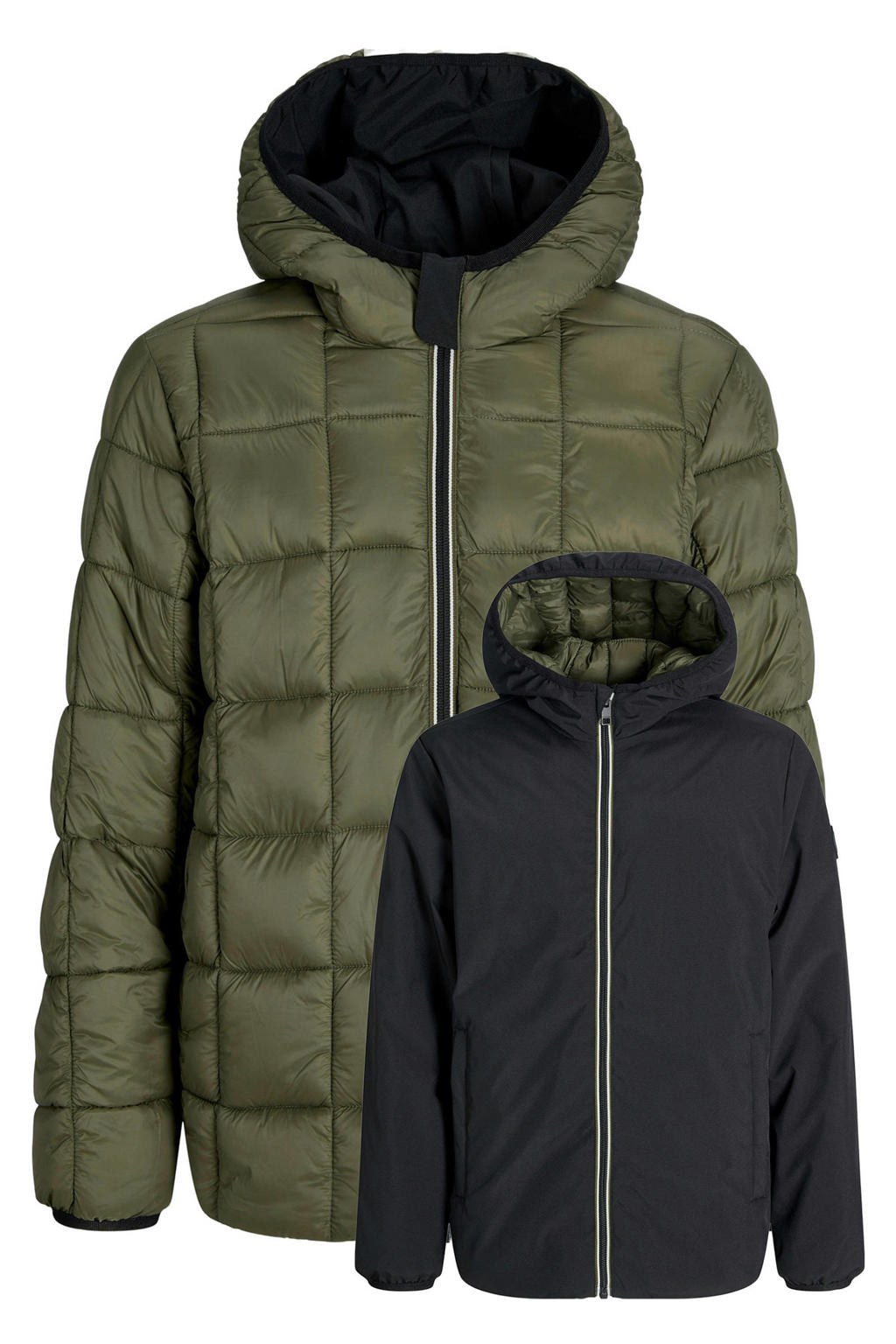 Zwart en olijfgroene jongens JACK & JONES JUNIOR tussenjas van polyester met effen, lange mouwen, capuchon, ritssluiting en gebreide details