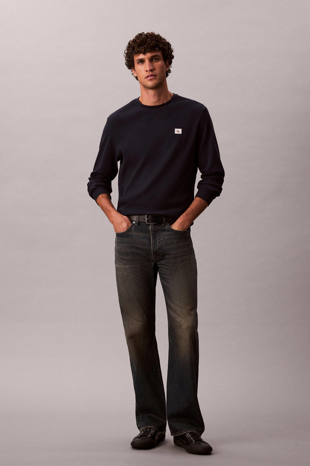 Donkerblauwe heren CALVIN KLEIN JEANS longsleeve patroon met effen, lange mouwen en ronde hals