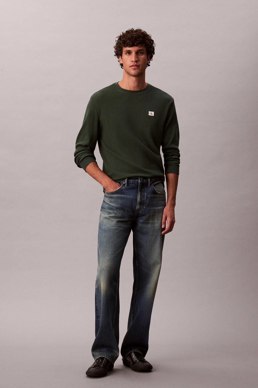 Donkergroene heren CALVIN KLEIN JEANS longsleeve patroon met effen, lange mouwen en ronde hals