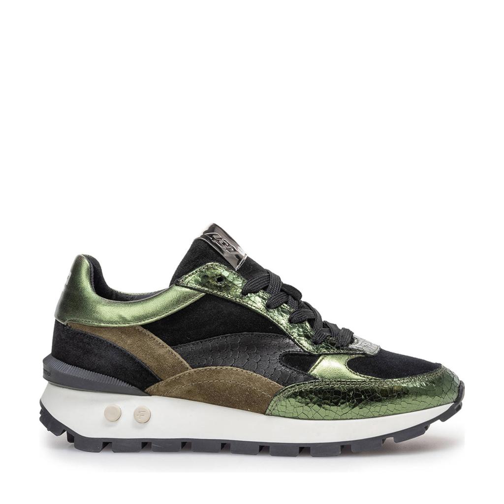 Donkergroene dames Floris van Bommel Blokki 04.19 leren sneakers van craquele met veters