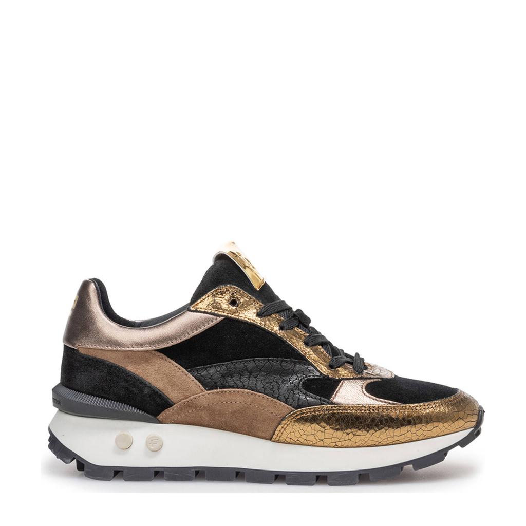 Goud en zwarte dames Floris van Bommel Blokki 04.20 leren sneakers met veters