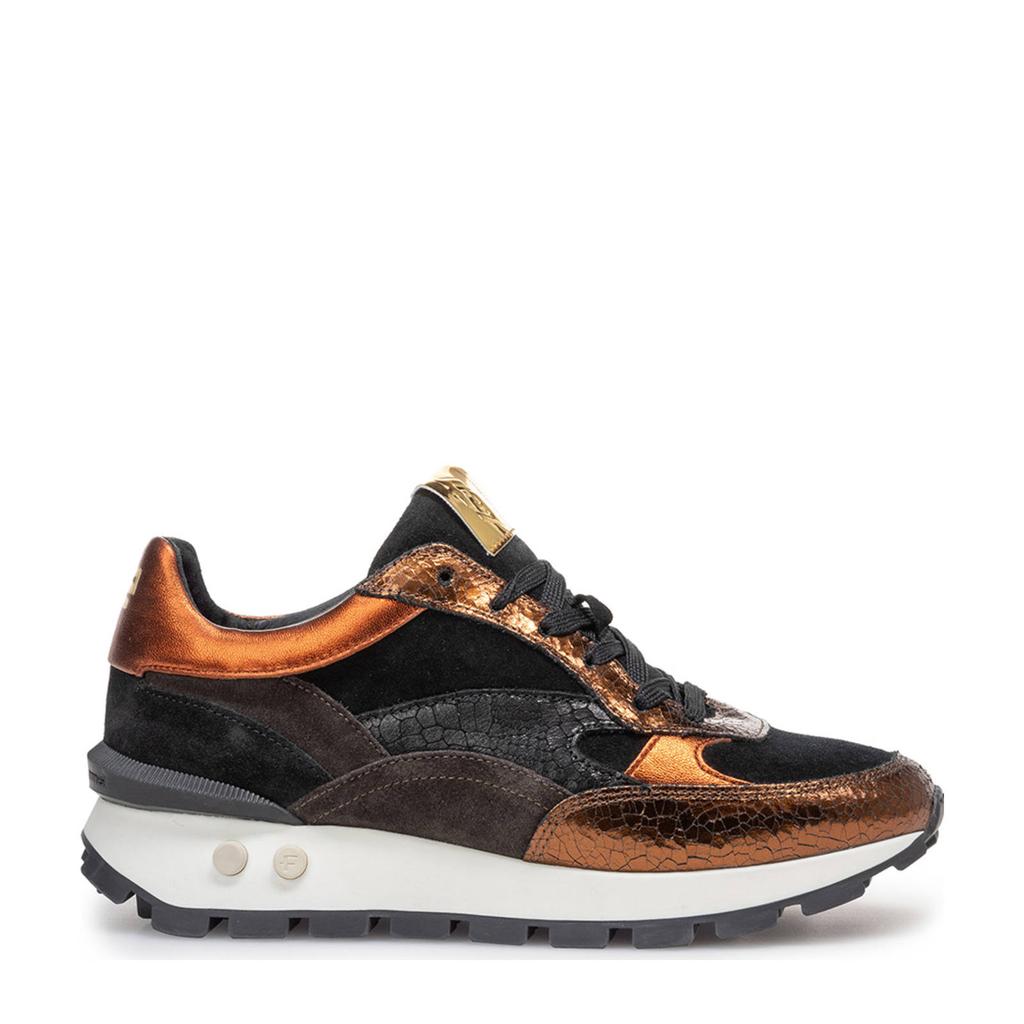 Donkerbruin en oranje dames Floris van Bommel Blokki 04.21 leren sneakers met veters