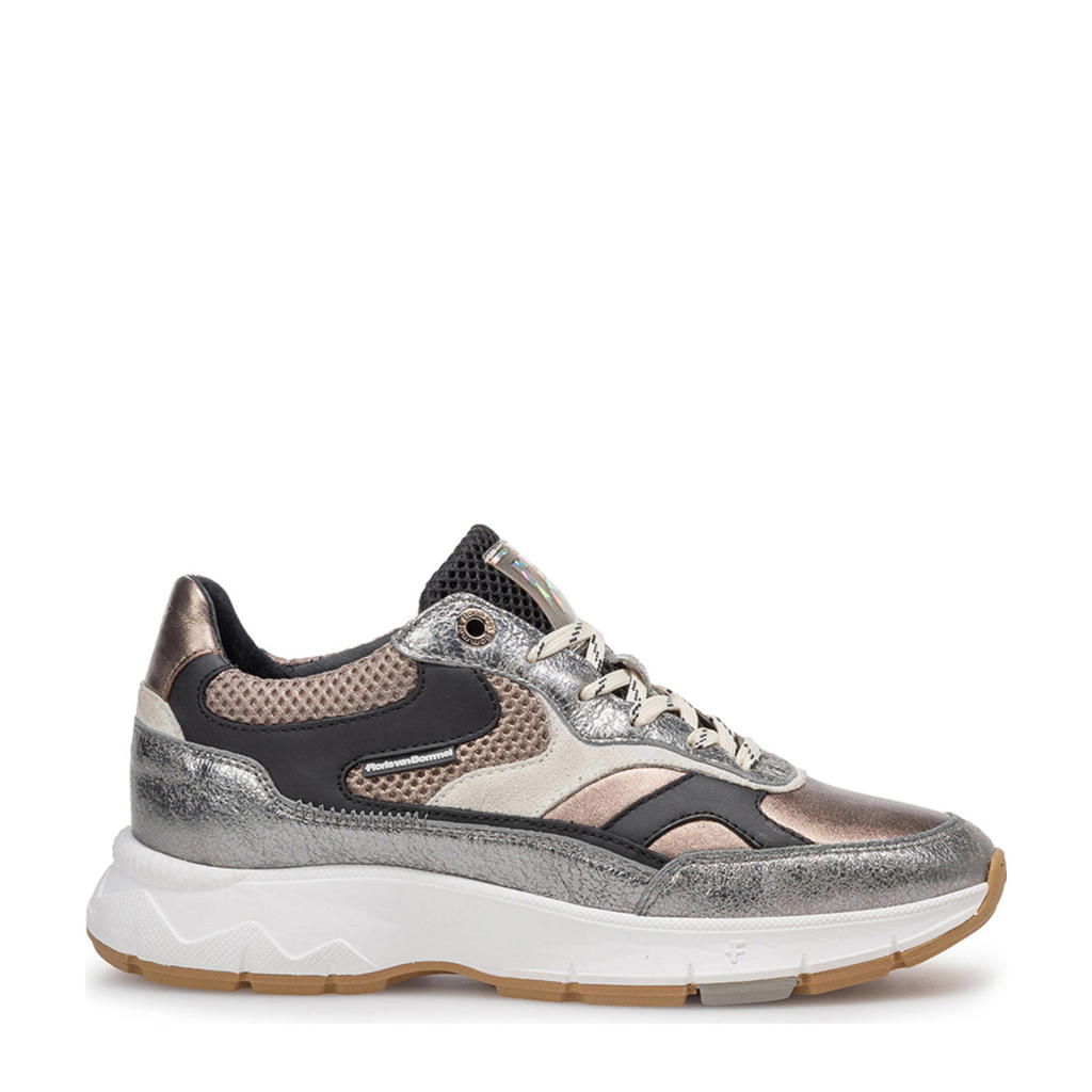 Zilver en zwarte dames Floris van Bommel Daysi 03.08 leren sneakers met veters