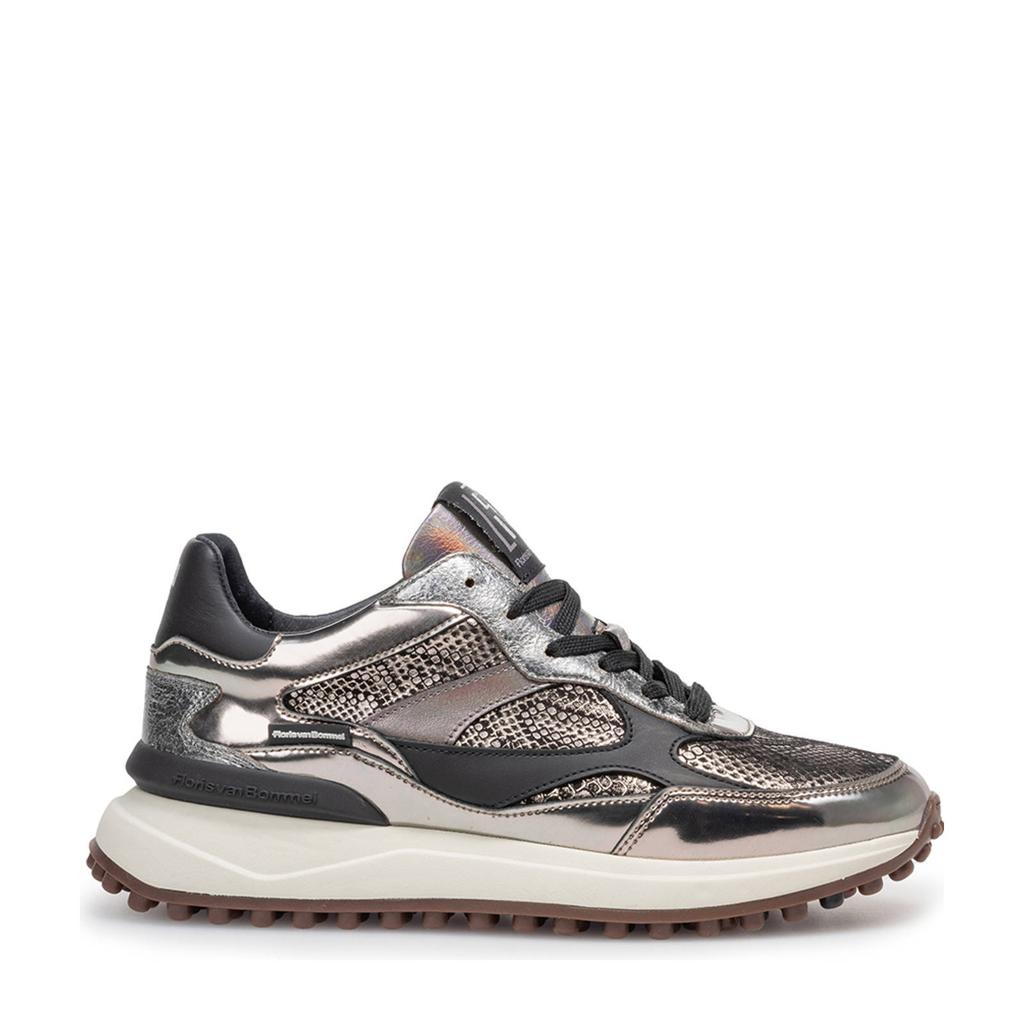 Zilverkleurige dames Floris van Bommel Noppi 41.00 leren sneakers van metallic print met veters