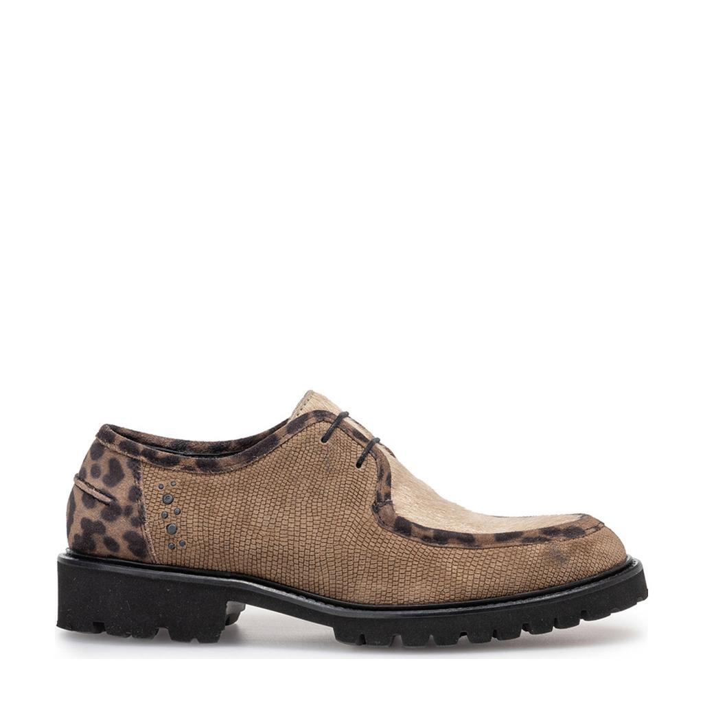 Taupe dames Floris van Bommel Selsi 04.04 suède veterschoenen met ponyhair panter