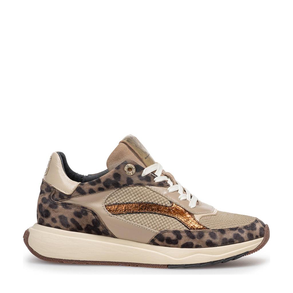 Taupe dames Floris van Bommel Suvi 02.02 suède sneakers panter met veters