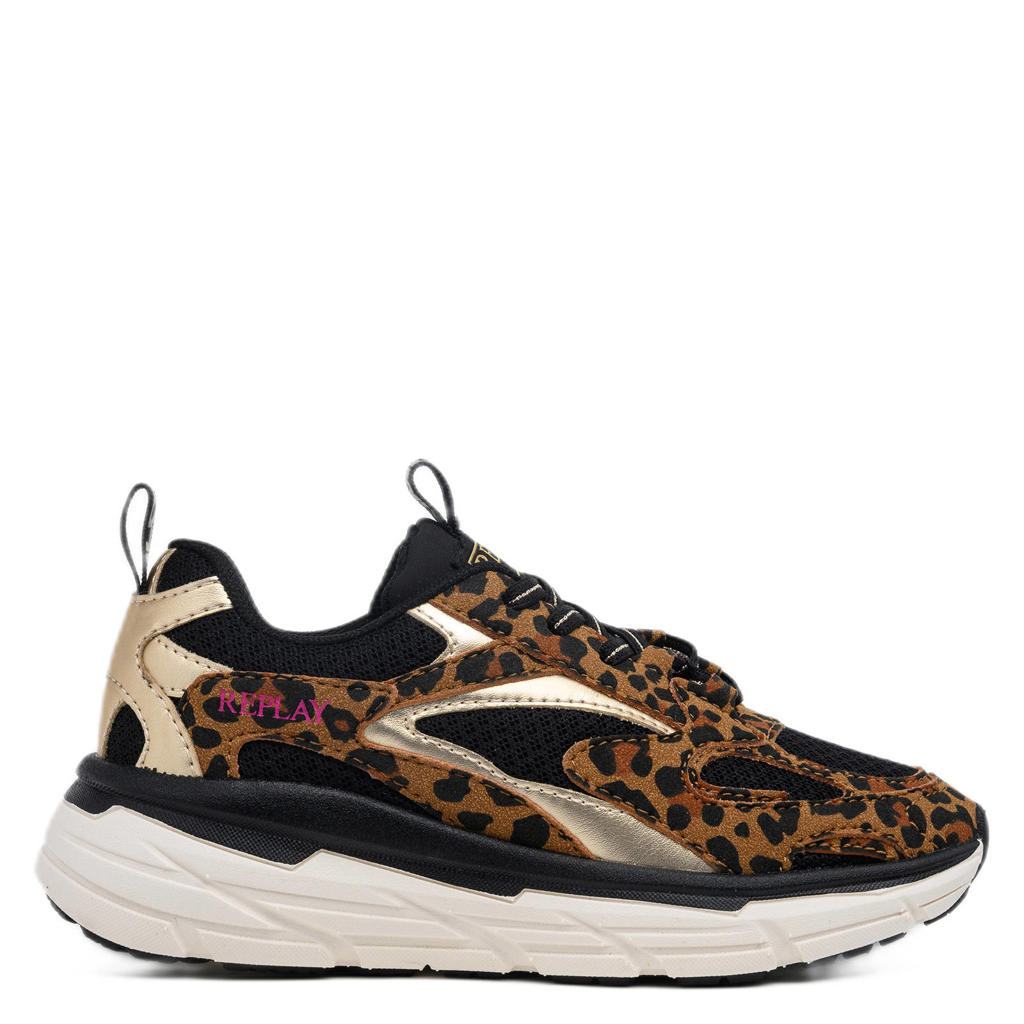 Cognac en zwarte meisjes REPLAY Christal JR girl 7 chunky sneakers van 55% pu/45% rayon fiber met veters en panterprint