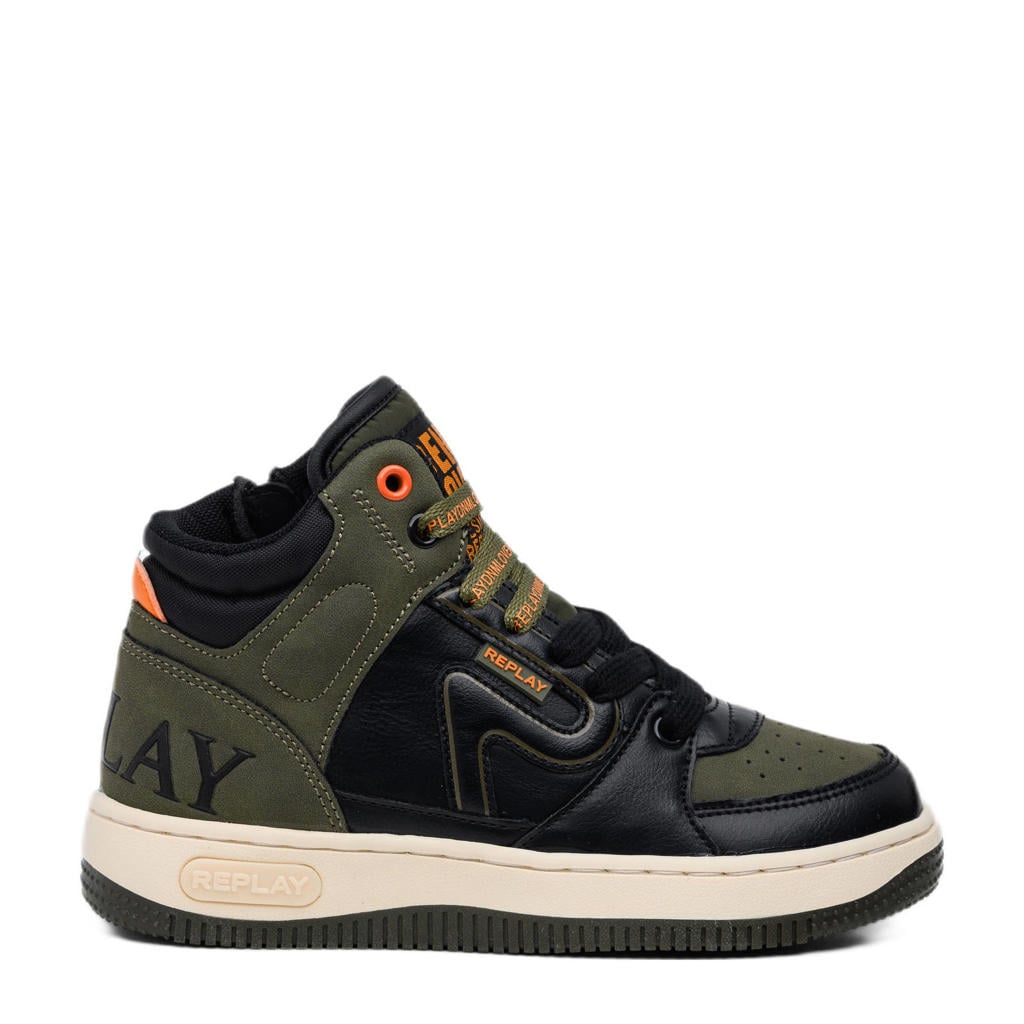 Zwart en groene jongens REPLAY Epic JR 8 sneakers van 100% pu met rits- en vetersluiting