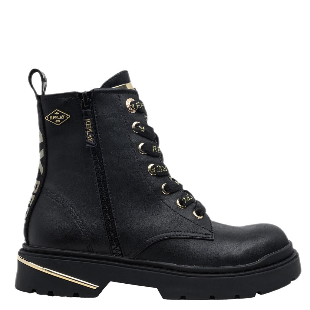 Zwarte meisjes REPLAY Joplin 16B veterboots van 100% pu met rits- en vetersluiting