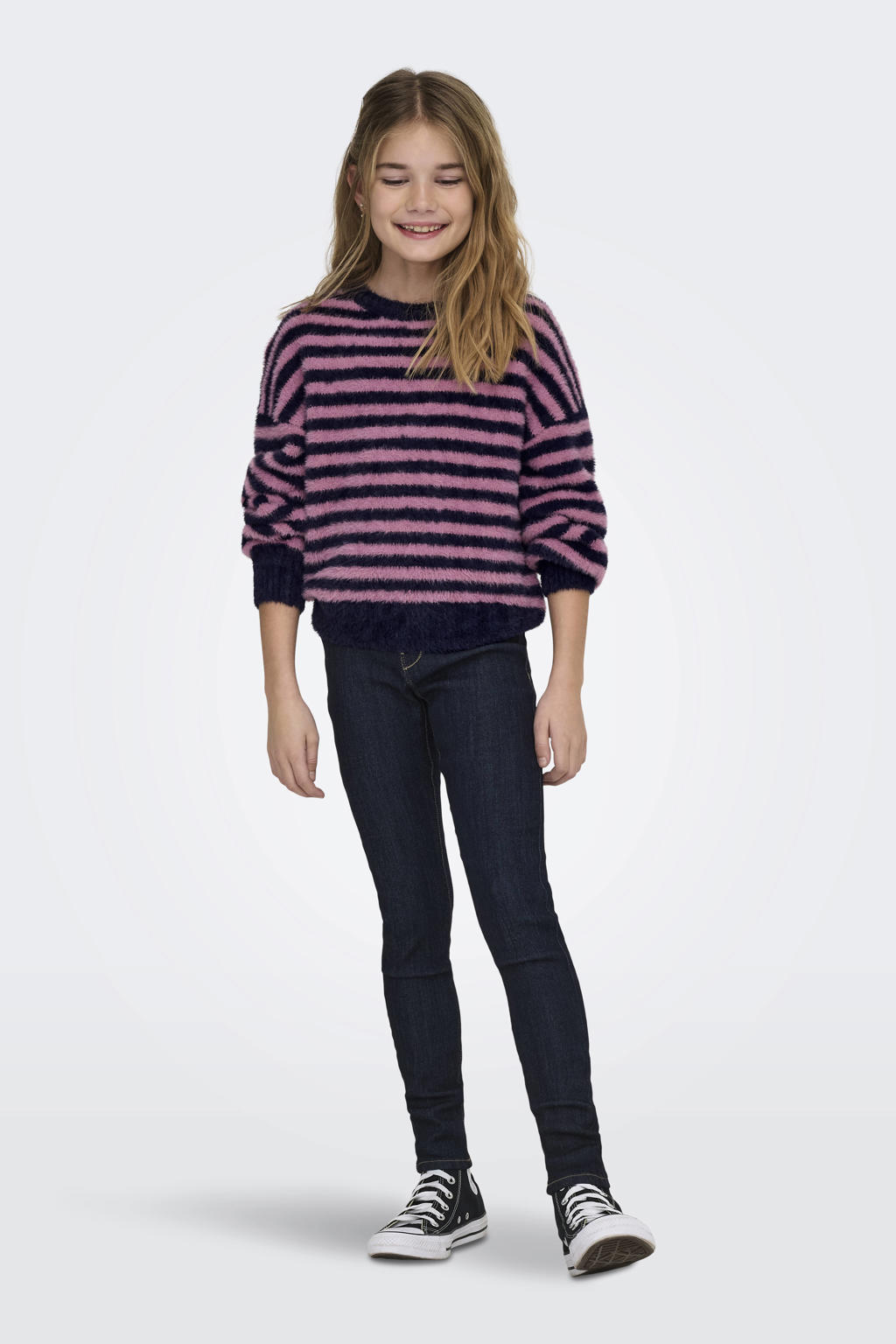 Donkerblauw en roze meisjes KIDS ONLY GIRL trui gebreid van nylon met strepenprint, lange mouwen en ronde hals