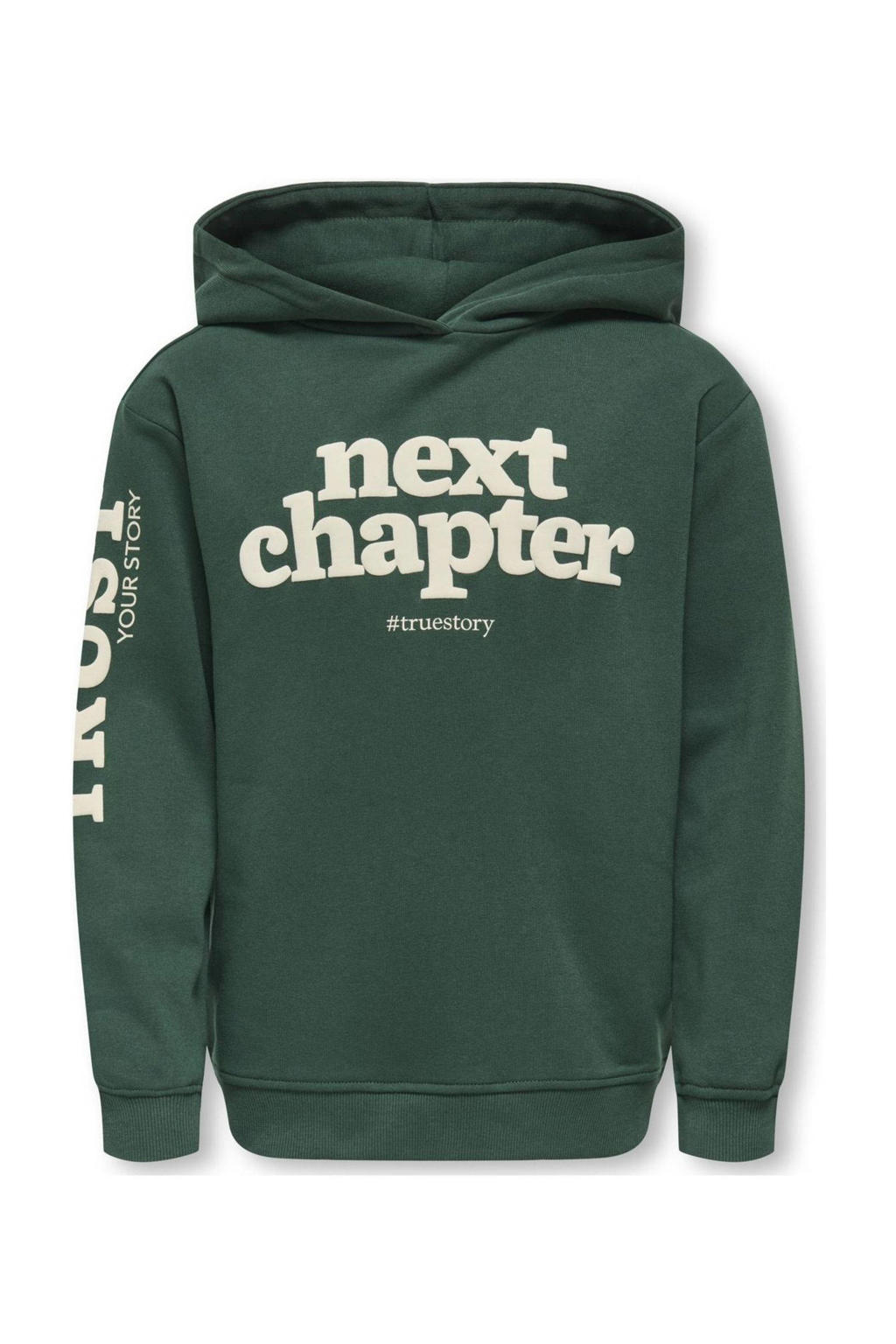 Donkergroene meisjes KIDS ONLY GIRL hoodie van sweat materiaal met printopdruk, lange mouwen en capuchon