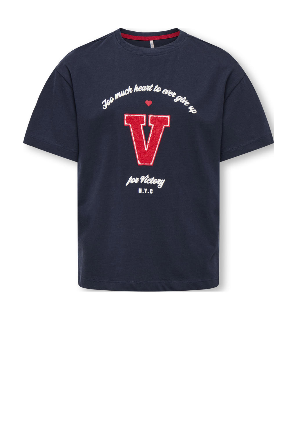 Donkerblauwe meisjes KIDS ONLY GIRL T-shirt van katoen met printopdruk, korte mouwen en ronde hals