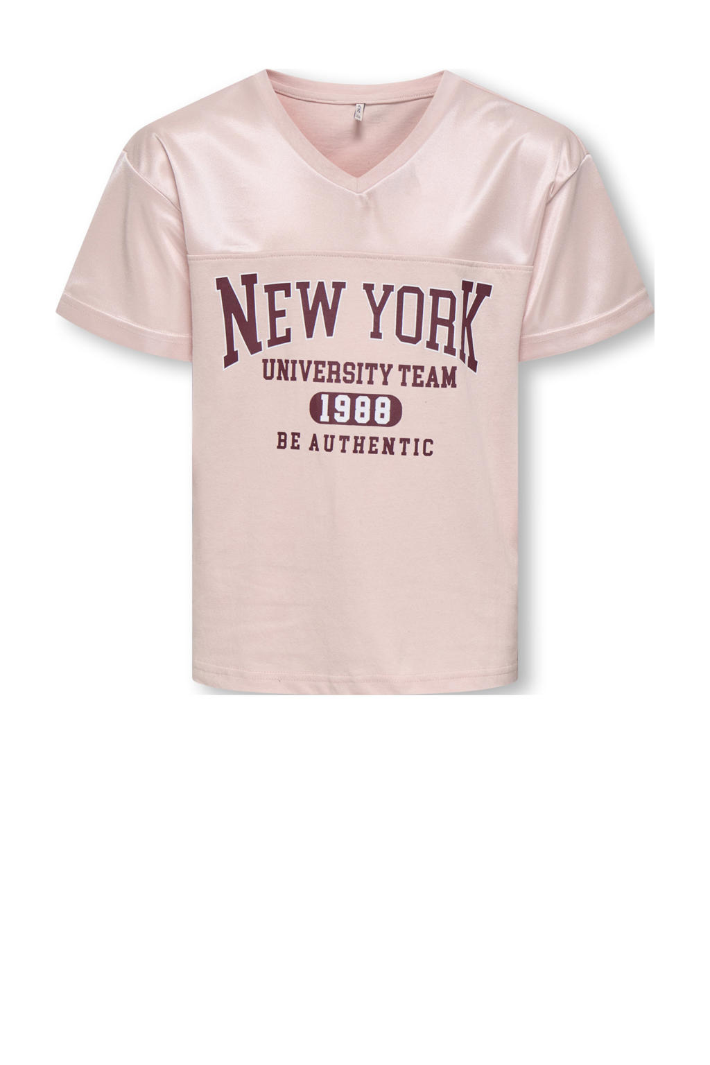 Lichtroze meisjes KIDS ONLY GIRL T-shirt van polyester met tekst print, korte mouwen, V-hals en gebreide details