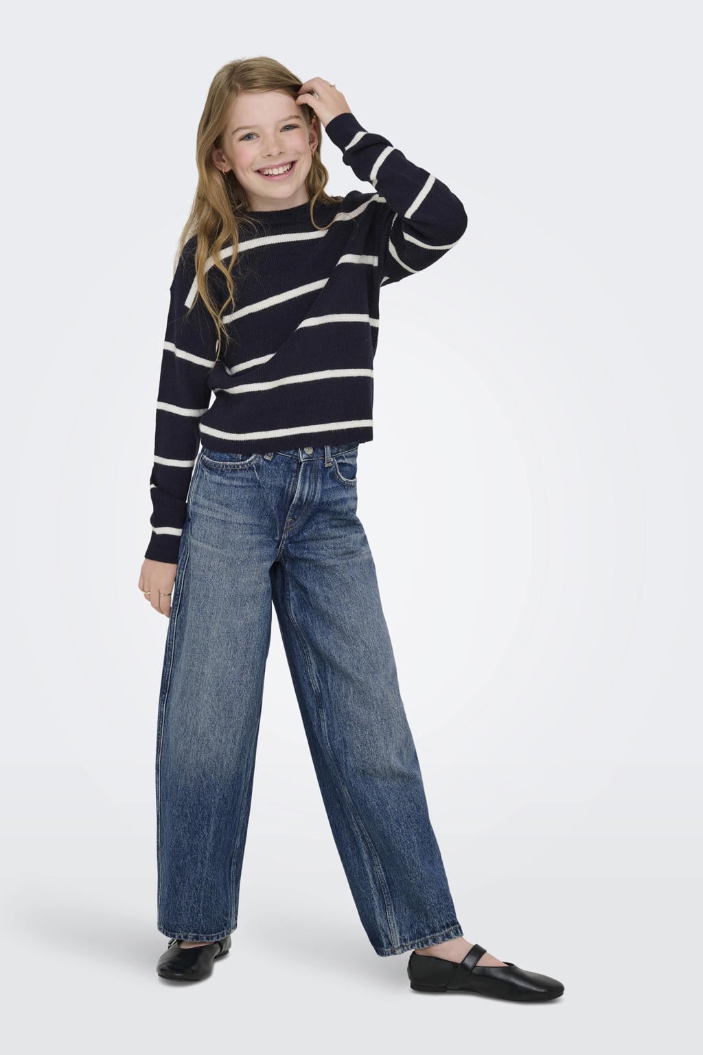 Dark blue denim meisjes KIDS ONLY GIRL high waist barrel jeans dark blue van denim met rits- en knoopsluiting en effen