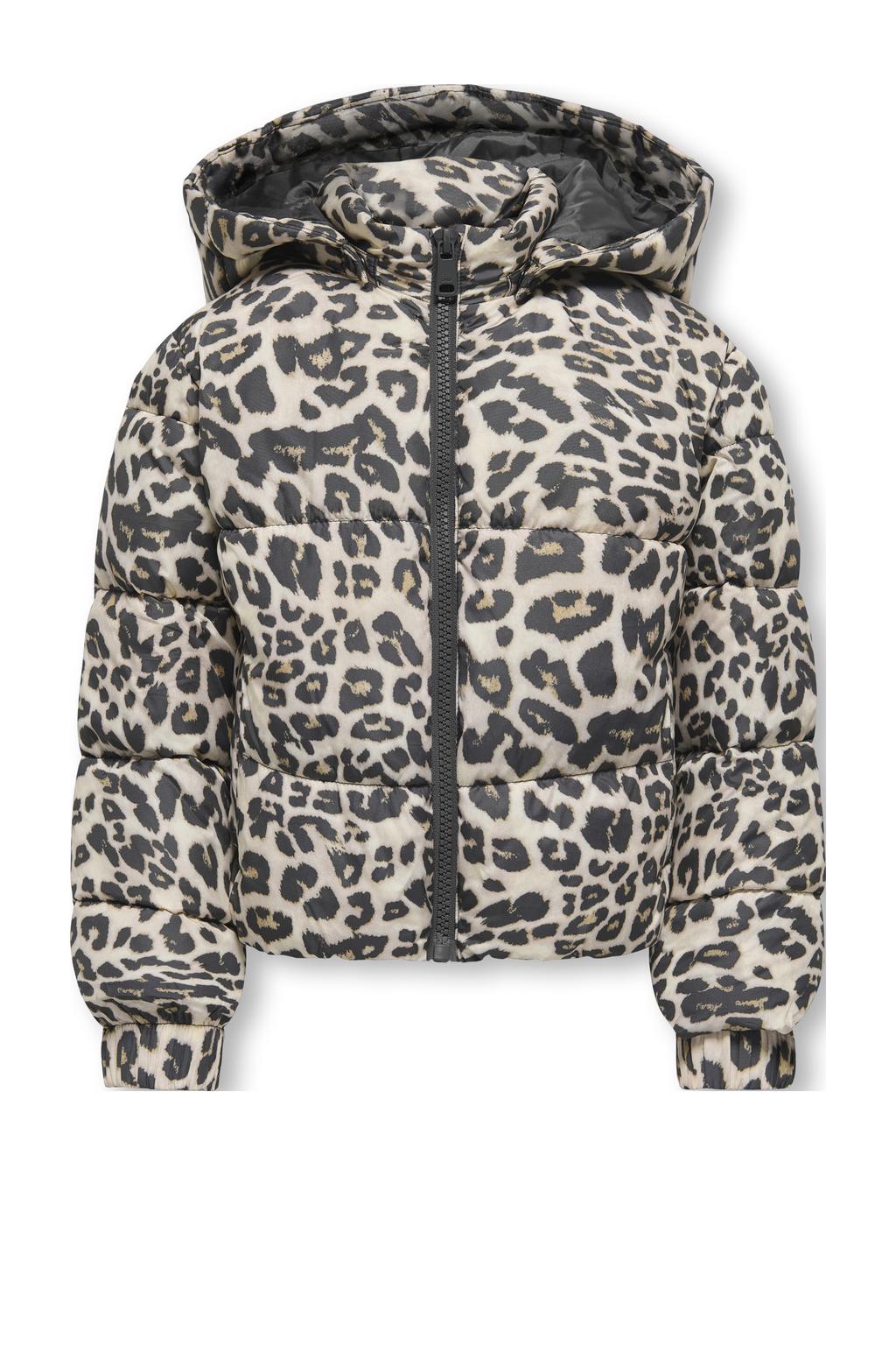 Beige en zwarte meisjes KIDS ONLY MINI gewatteerde jas van polyester met panterprint, lange mouwen, capuchon, ritssluiting en geweven detail