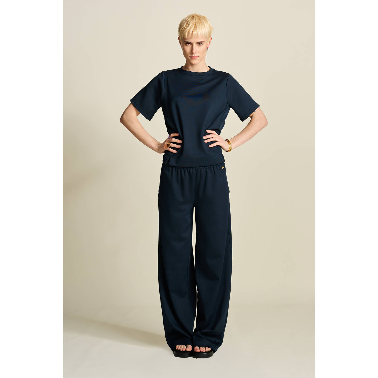 POM Amsterdam wide leg regular waist pantalon donkerblauw