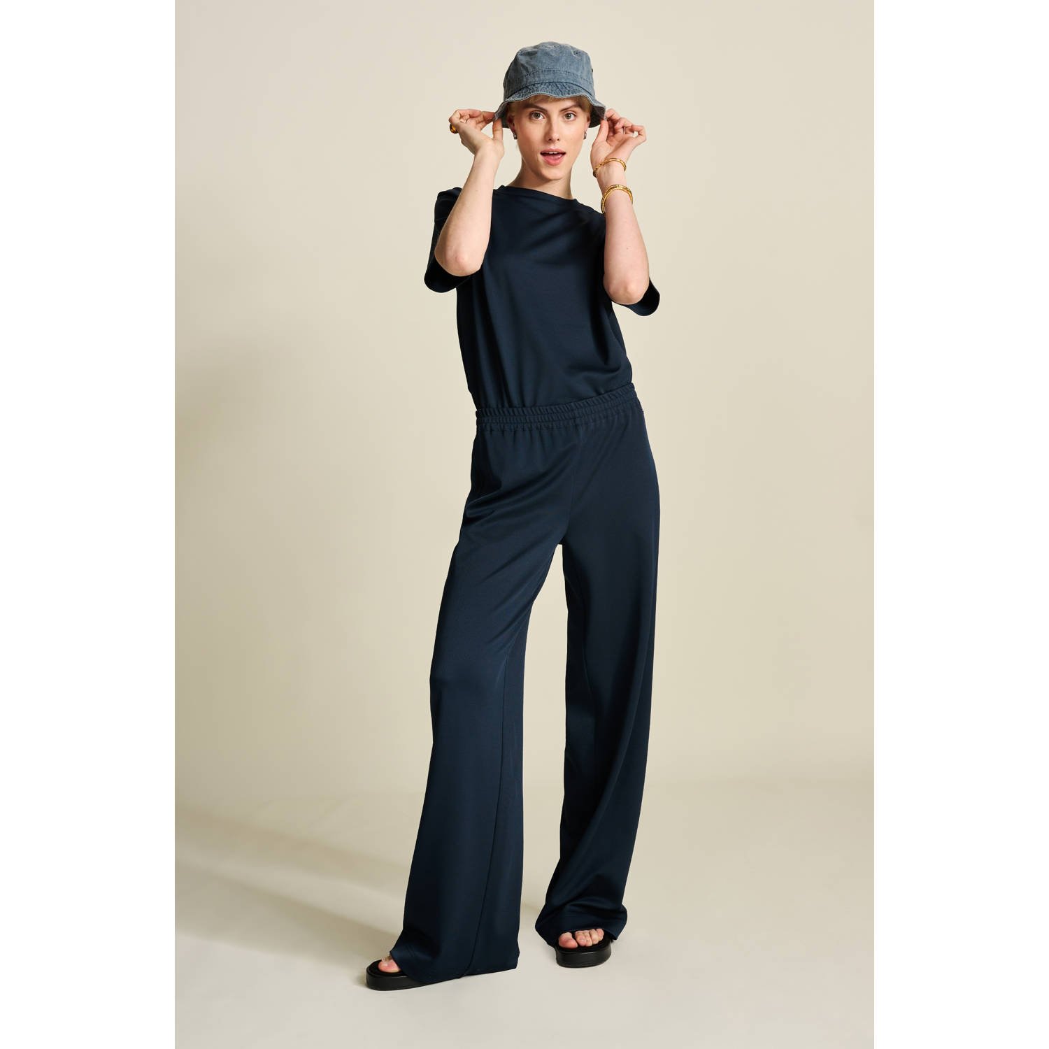 POM Amsterdam wide leg regular waist pantalon donkerblauw