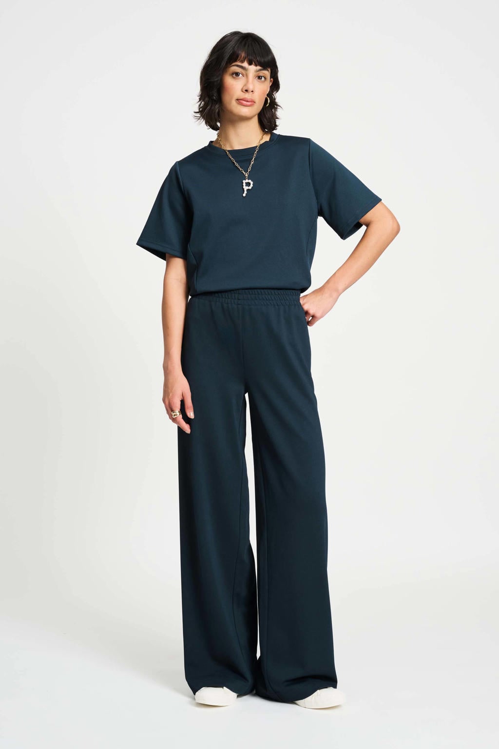 Donkerblauwe dames POM Amsterdam wide leg regular waist pantalon met effen