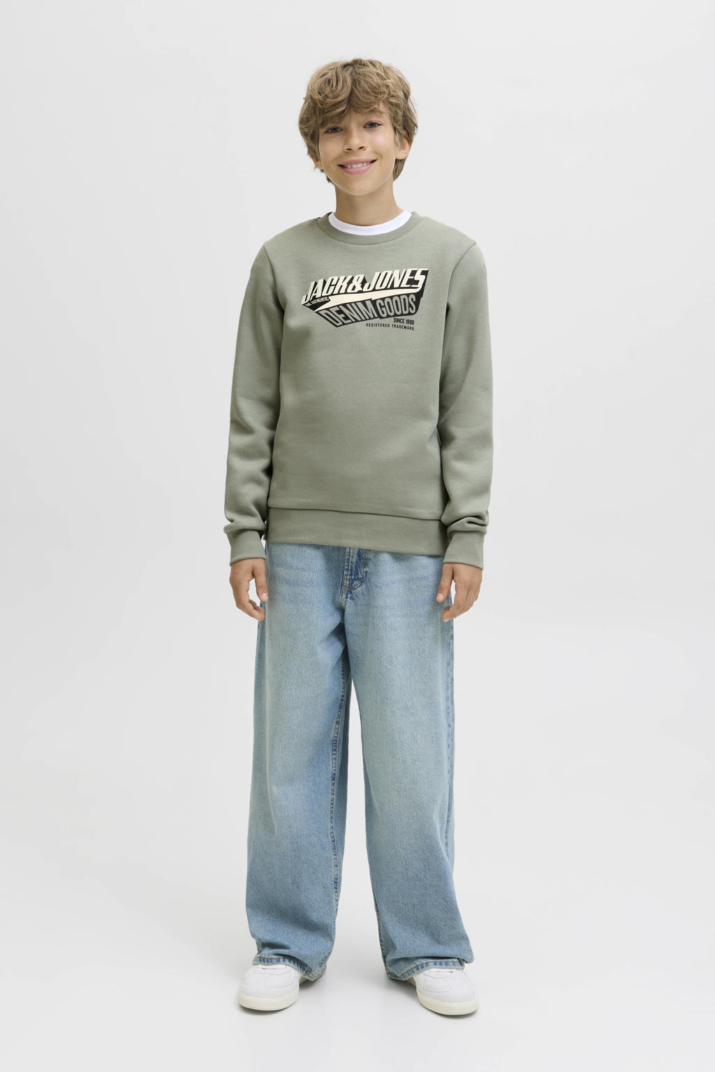 Lichtgroene jongens JACK & JONES JUNIOR sweater met logo dessin, lange mouwen, ronde hals en geribde boorden