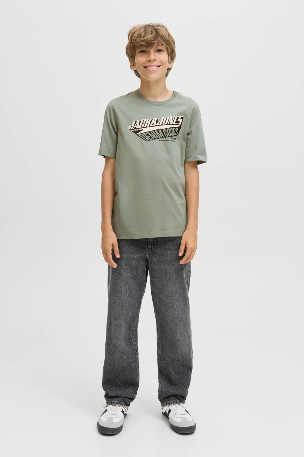 Lichtgroene jongens JACK & JONES JUNIOR T-shirt van katoen met logo dessin, korte mouwen en ronde hals