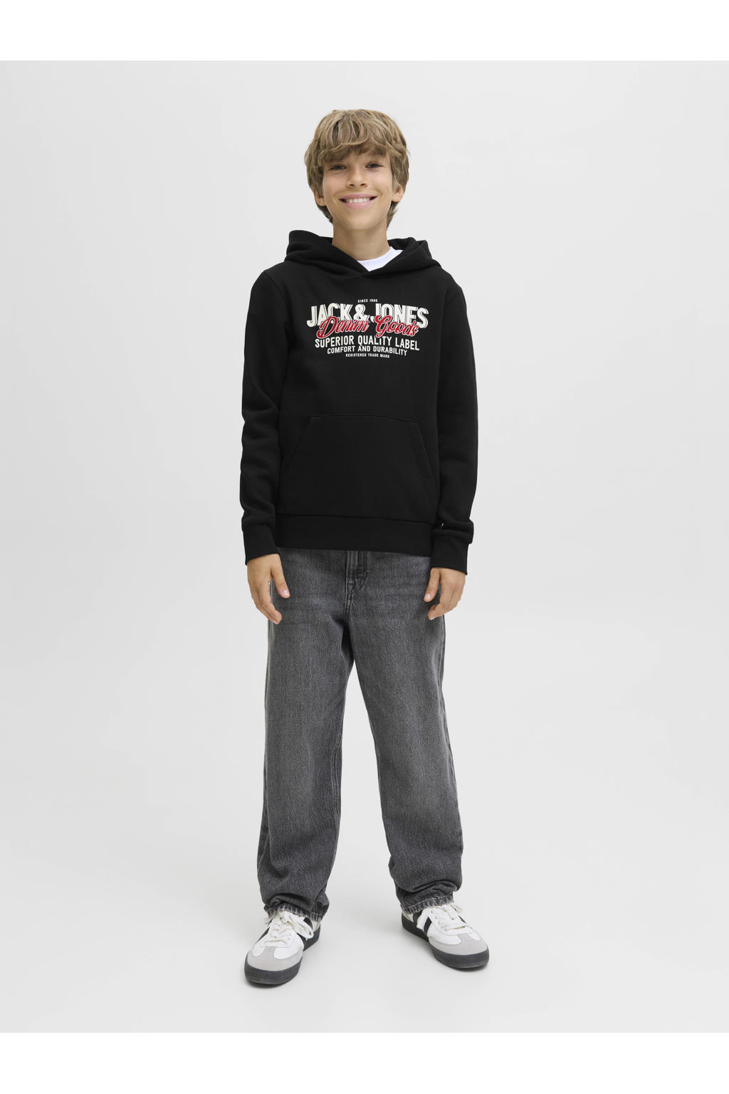 Zwarte jongens JACK & JONES JUNIOR hoodie van katoen met logo dessin, lange mouwen en capuchon