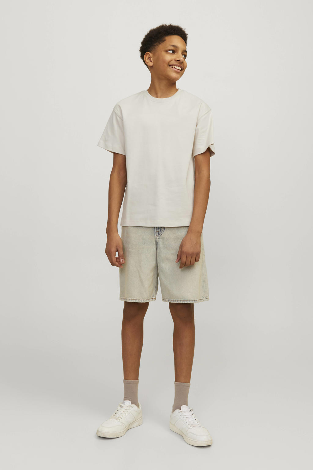 Ecru jongens JACK & JONES JUNIOR T-shirt van katoen met effen, korte mouwen en ronde hals
