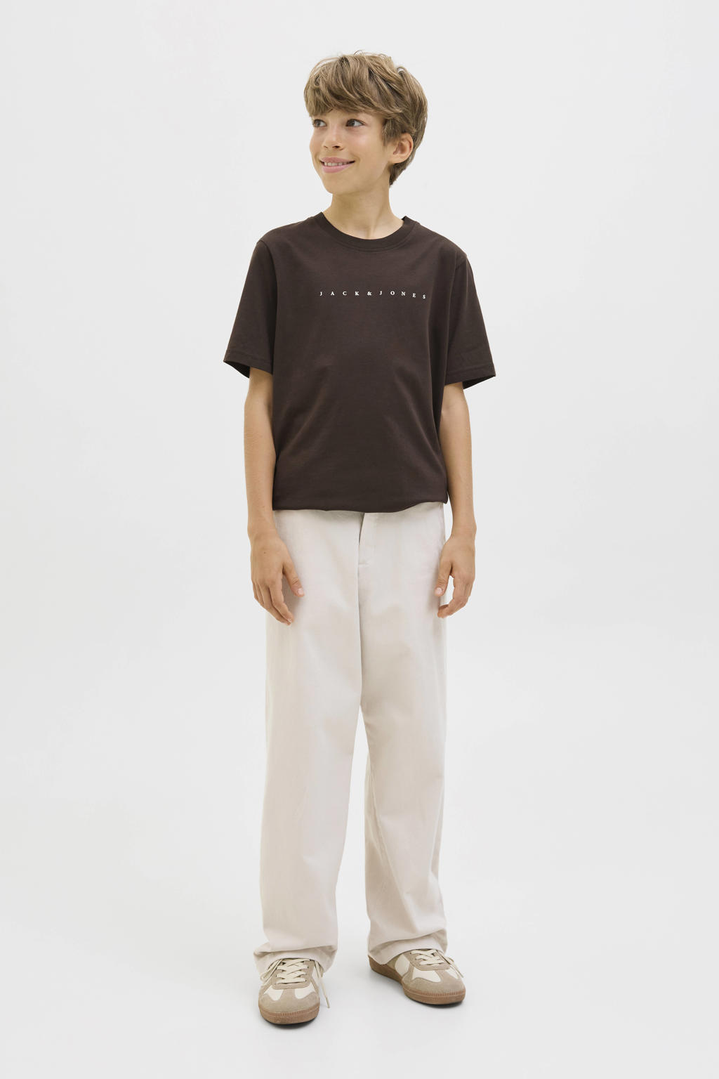 Donkerblauwe jongens JACK & JONES JUNIOR T-shirt van katoen met tekst print, korte mouwen en ronde hals