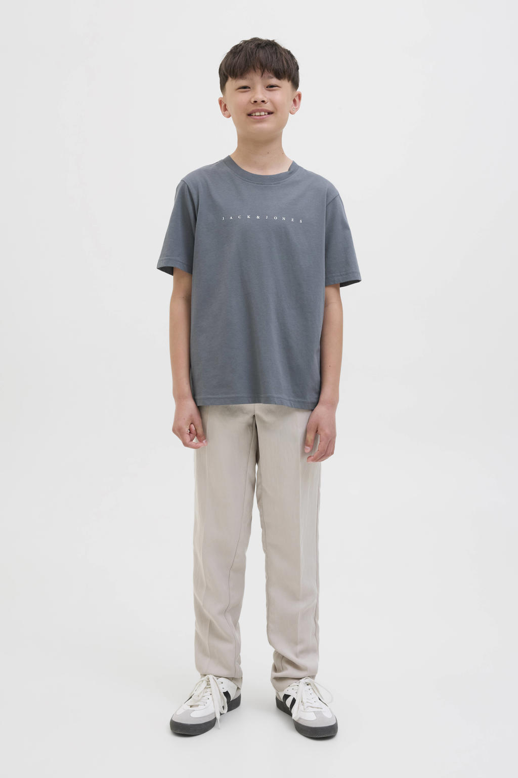 Grijsblauwe jongens JACK & JONES JUNIOR T-shirt blauw van katoen met tekst print, korte mouwen en ronde hals