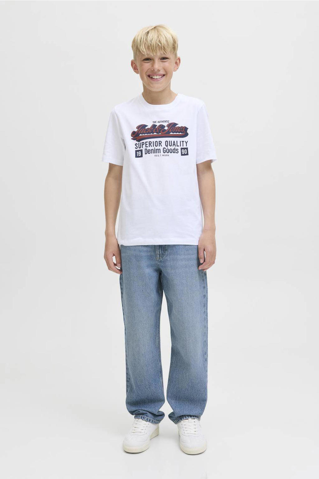 Medium blue denim jongens JACK & JONES JUNIOR relaxed high waist loose fit jeans van denim met effen