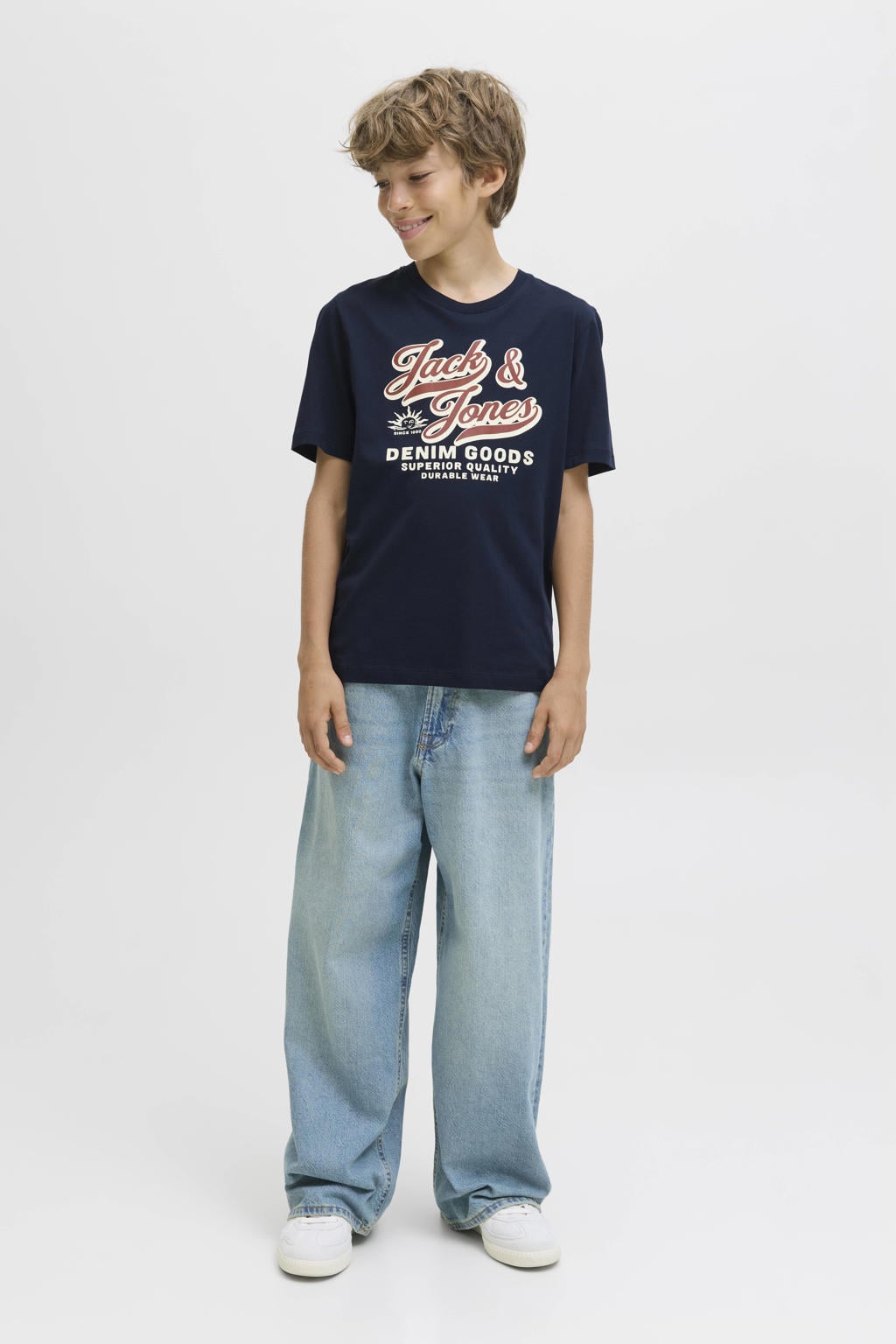 Donkerblauwe jongens JACK & JONES JUNIOR T-shirt van katoen met logo dessin, korte mouwen en ronde hals