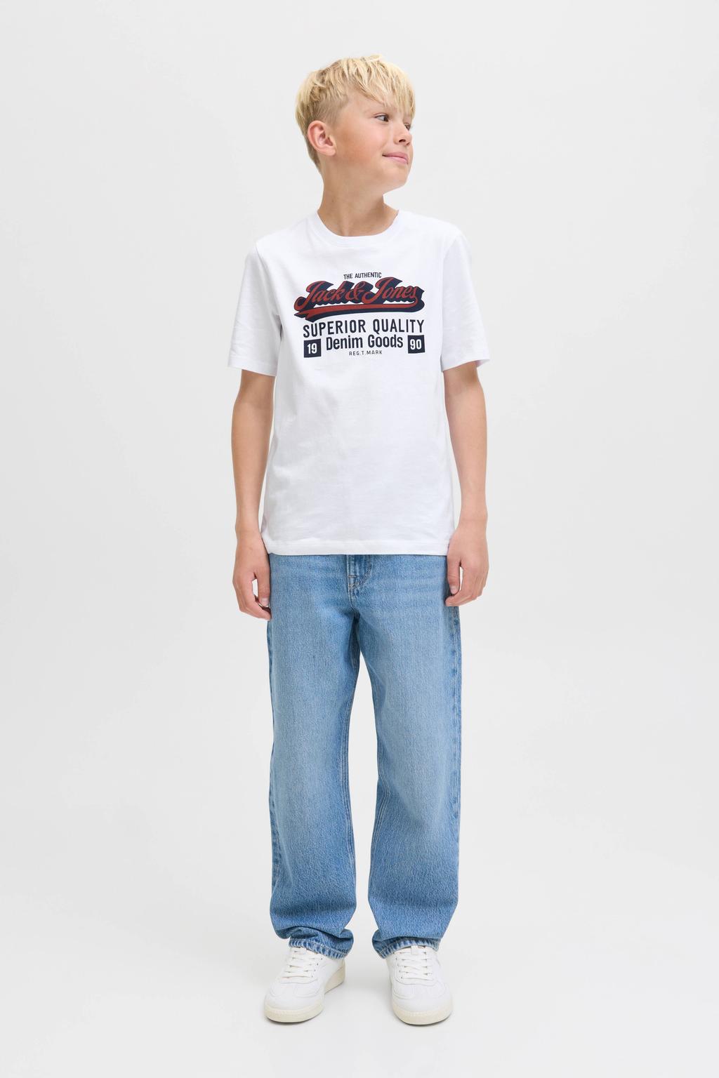 Witte jongens JACK & JONES JUNIOR T-shirt van katoen met logo dessin, korte mouwen en ronde hals