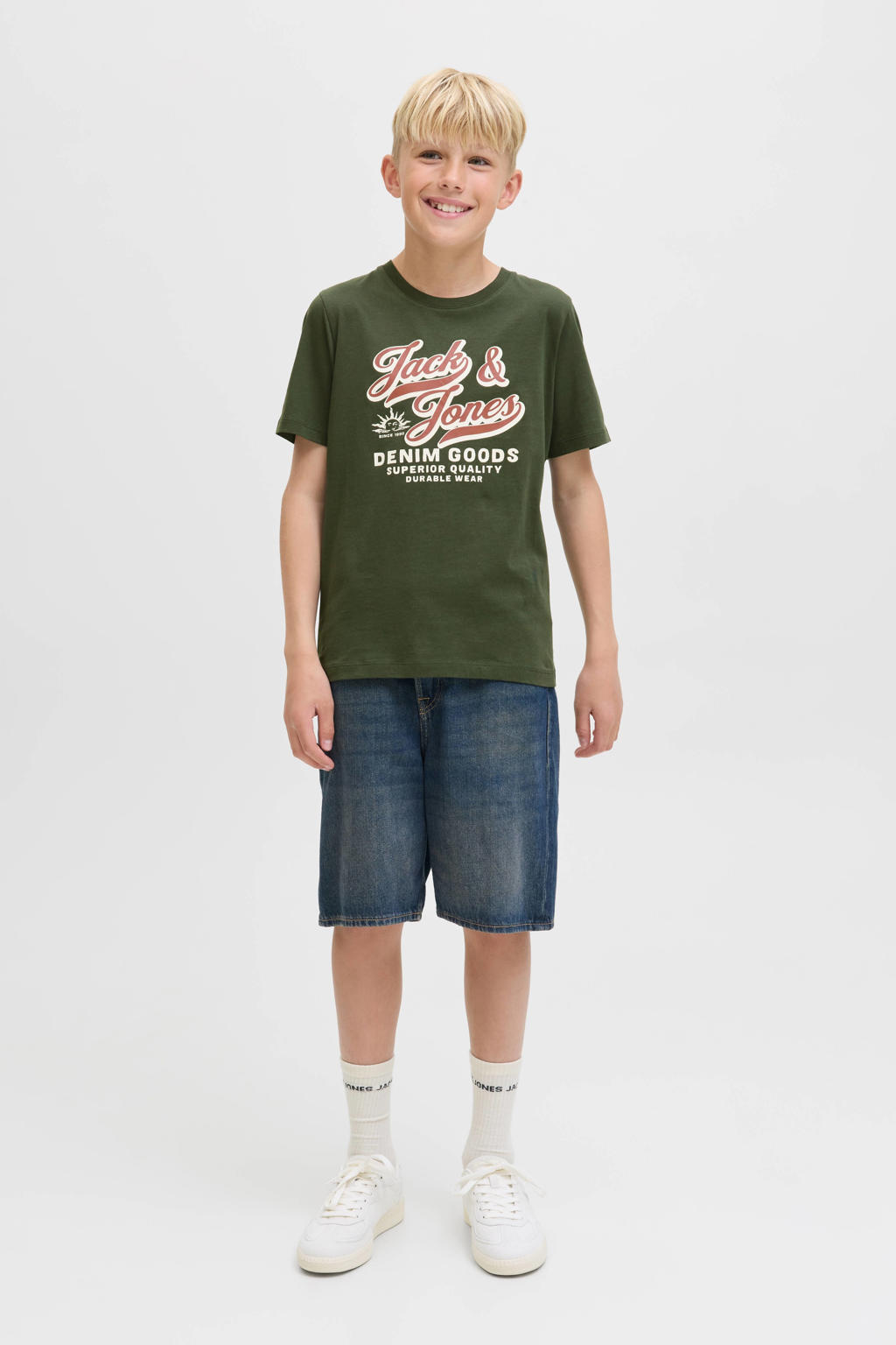 Donkergroene jongens JACK & JONES JUNIOR T-shirt van katoen met logo dessin, korte mouwen en ronde hals