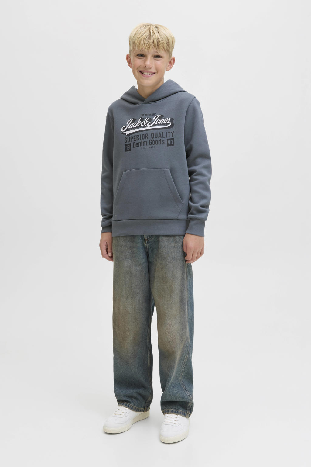 Grijsblauwe jongens JACK & JONES JUNIOR hoodie blauw van katoen met logo dessin, lange mouwen en capuchon