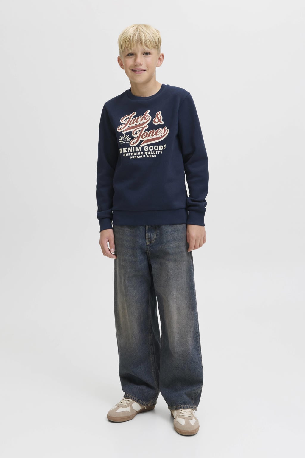 Donkerblauwe jongens JACK & JONES JUNIOR sweater met logo dessin, lange mouwen, ronde hals en geribde boorden