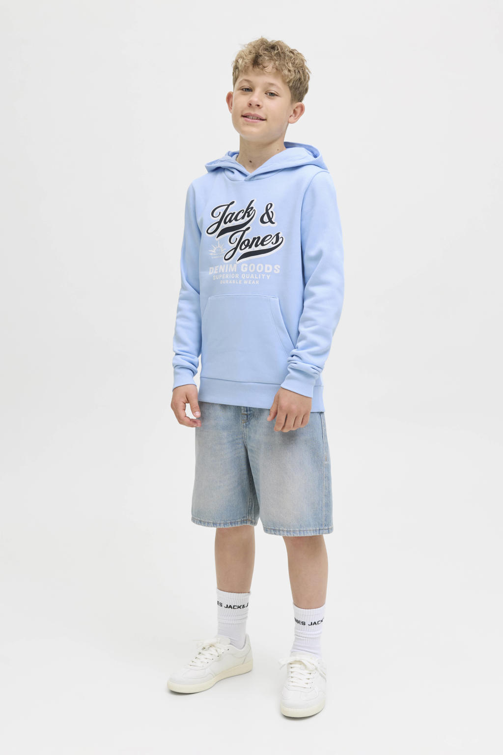 Lichtblauwe jongens JACK & JONES JUNIOR hoodie van katoen met logo dessin, lange mouwen en capuchon