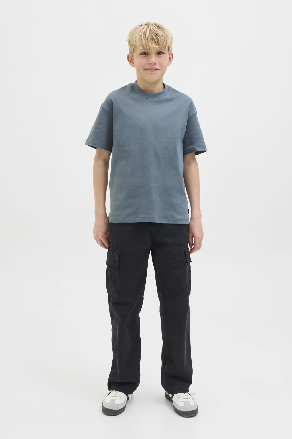 Grijsblauwe jongens JACK & JONES JUNIOR T-shirt blauw van katoen met effen, korte mouwen en ronde hals