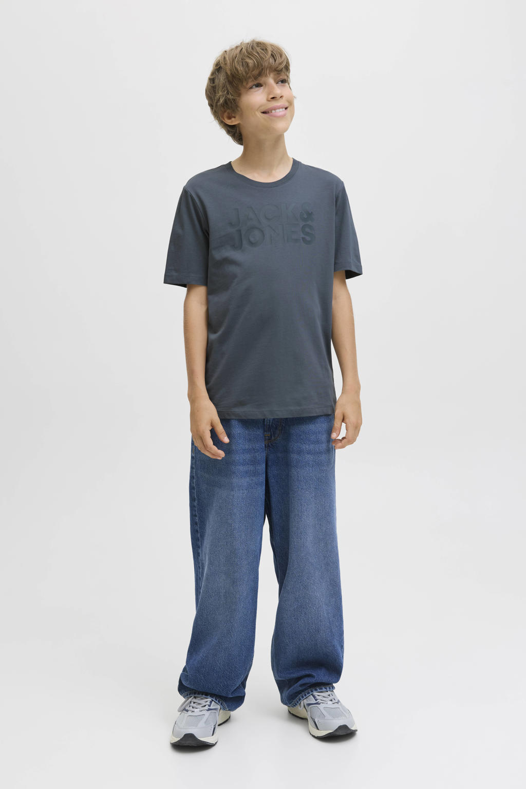 Grijsblauwe jongens JACK & JONES JUNIOR T-shirt blauw van katoen met logo dessin, korte mouwen en ronde hals