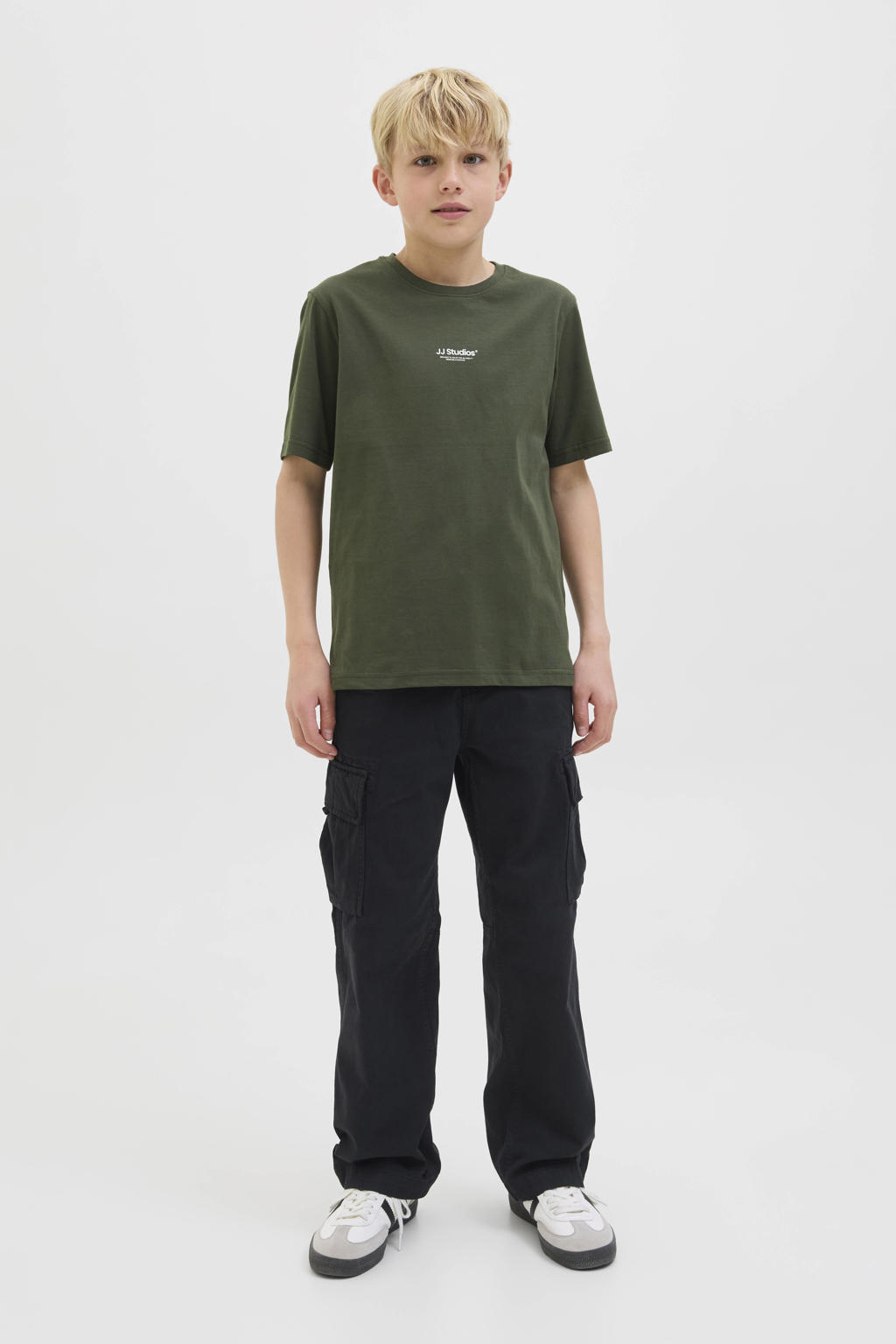 Donkergroene jongens JACK & JONES JUNIOR T-shirt van katoen met tekst print, korte mouwen en ronde hals