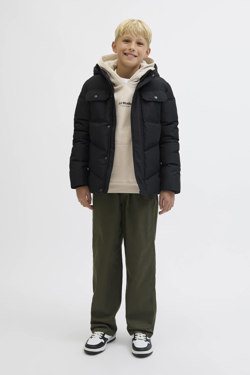 Ecru jongens JACK & JONES JUNIOR hoodie van sweat materiaal met tekst print, lange mouwen en capuchon
